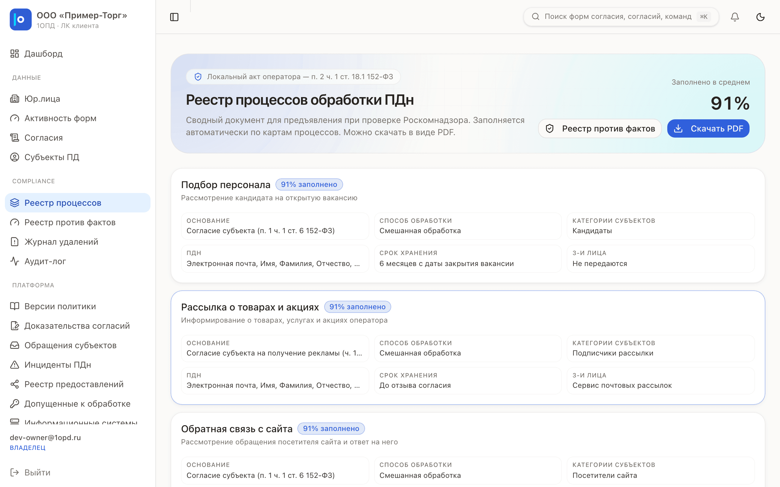Реестр процессов: подбор персонала, рассылка и обратная связь на демонстрационных данных